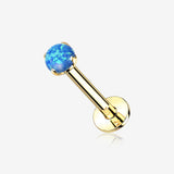 14 Karat Gold OneFit Threadless Prong Set Fire Opal Top Flat Back Stud Labret-Blue Opal