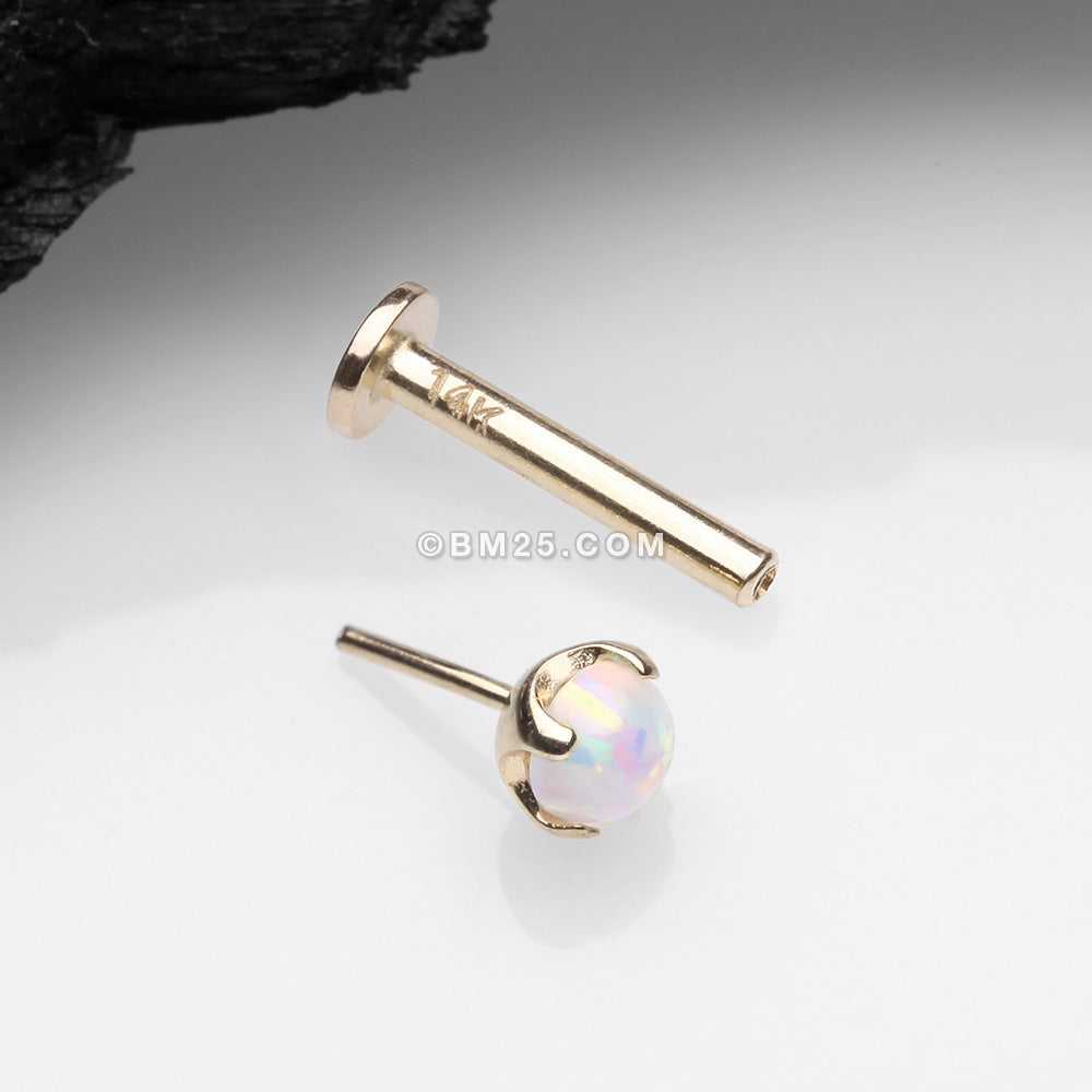 Detail View 2 of 14 Karat Gold OneFit‚Ñ¢ Threadless Prong Set Fire Opal Top Flat Back Stud Labret-White Opal