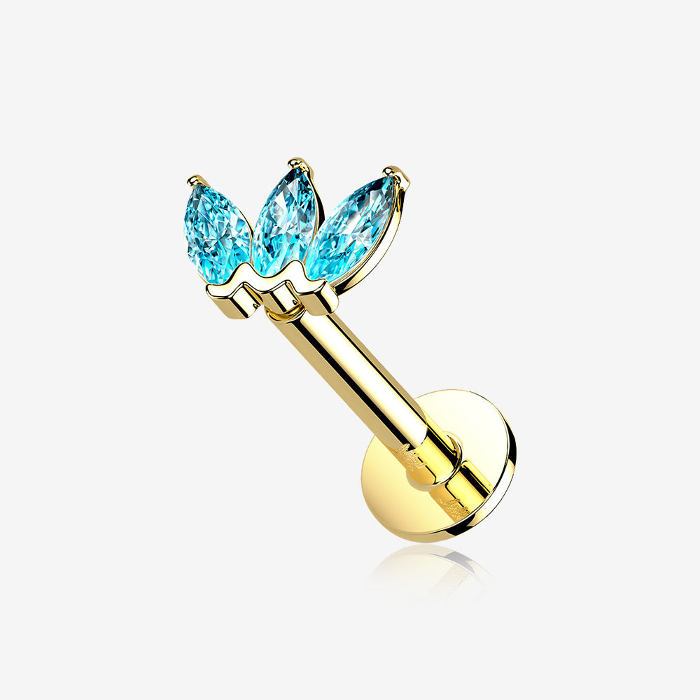 14 Karat Gold OneFit‚Ñ¢ Threadless Triple Marquise Sparkle Flower Flat Back Stud Labret-Aqua