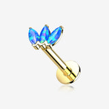 14 Karat Gold OneFit Threadless Triple Marquise Fire Opal Flower Flat Back Stud Labret-Blue Opal