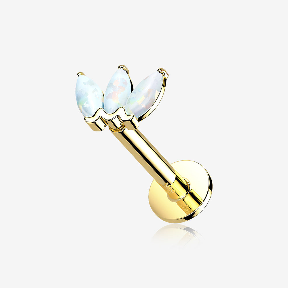 14 Karat Gold OneFit‚Ñ¢ Threadless Triple Marquise Fire Opal Flower Flat Back Stud Labret-White Opal