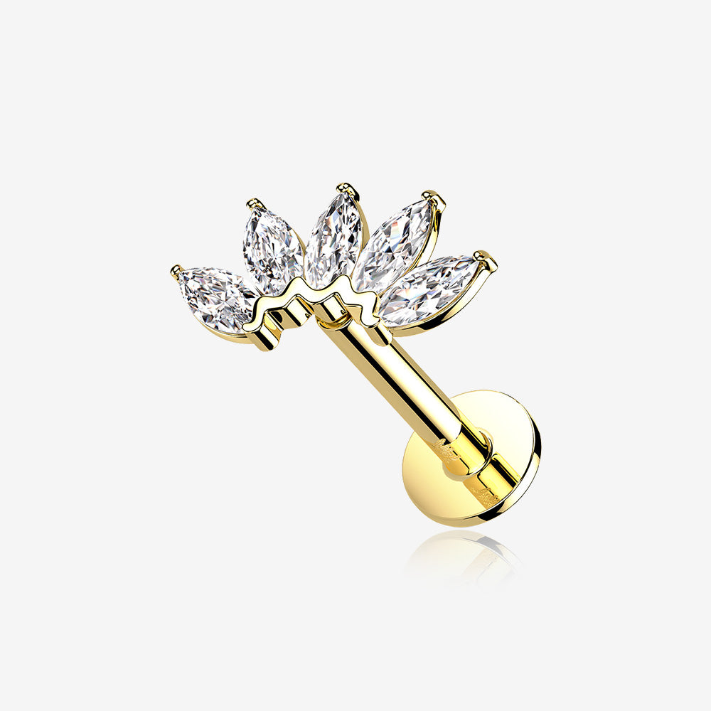 14 Karat Gold OneFit‚Ñ¢ Threadless Brilliant Marquise Sparkle Flower Flat Back Stud Labret-Clear Gem