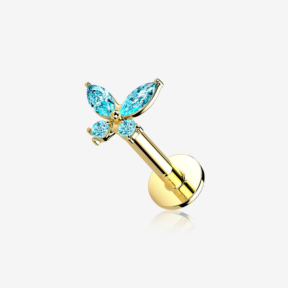 14 Karat Gold OneFit‚Ñ¢ Threadless Dainty Butterfly Sparkle Flat Back Stud Labret-Aqua