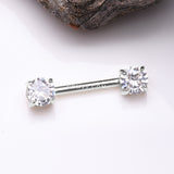 Detail View 1 of A Pair of 14 Karat White Gold Prong Set Gem Sparkle Nipple Barbell-Clear Gem