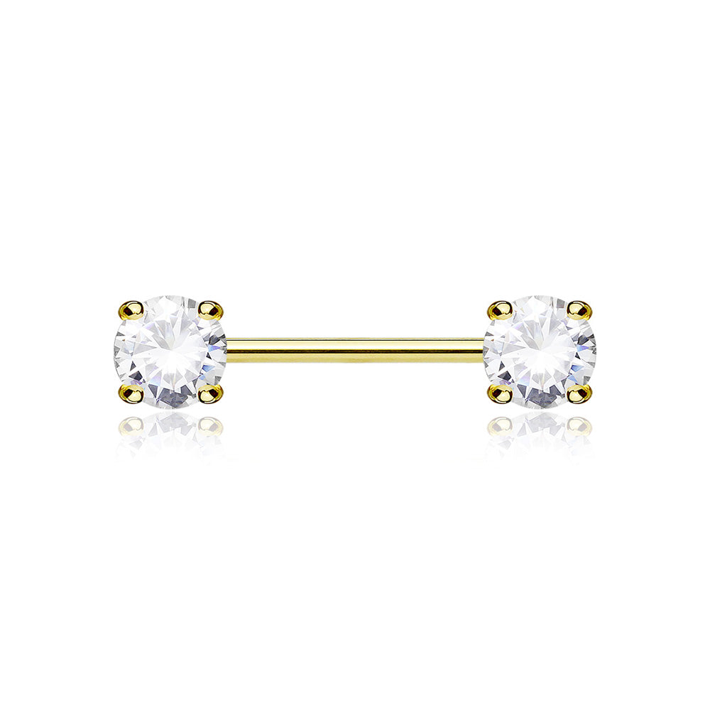 A Pair of 14 Karat Gold Prong Set Gem Sparkle Nipple Barbell-Clear Gem 