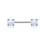 A Pair of 14 Karat White Gold Prong Set Fire Opal Sparkle Nipple Barbell-White Opal