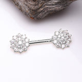 Detail View 1 of A Pair of 14 Karat White Gold Brilliant Sparkle Glam Flower Nipple Barbell-Clear Gem