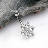 Detail View 2 of 14 Karat White Gold Spring Flower Sparkle Prong Set Belly Button Ring-Clear Gem