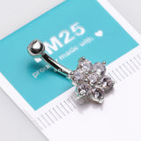 Detail View 3 of 14 Karat White Gold Spring Flower Sparkle Prong Set Belly Button Ring-Clear Gem