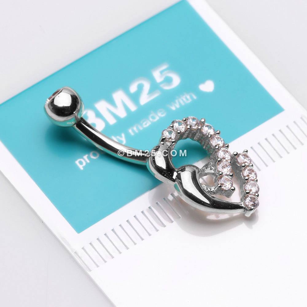 Detail View 3 of 14 Karat White Gold Double Hearts Sparkle Loop Belly Button Ring-Clear Gem