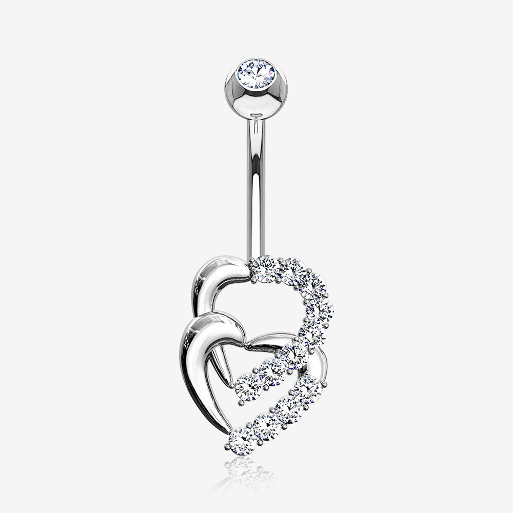 14 Karat White Gold Double Hearts Sparkle Loop Belly Button Ring-Clear Gem