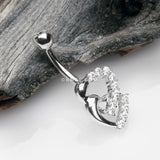Detail View 2 of 14 Karat White Gold Double Hearts Sparkle Loop Belly Button Ring-Clear Gem
