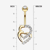 Detail View 1 of 14 Karat Gold Double Hearts Sparkle Loop Belly Button Ring-Clear Gem