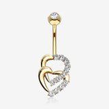 14 Karat Gold Double Hearts Sparkle Loop Belly Button Ring-Clear Gem