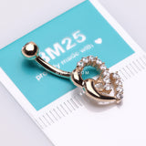 Detail View 3 of 14 Karat Gold Double Hearts Sparkle Loop Belly Button Ring-Clear Gem