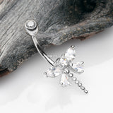 Detail View 2 of 14 Karat White Gold Marquise Teardrop Sparkle Gem Dragonfly Belly Button Ring-Clear Gem