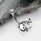 Detail View 2 of 14 Karat White Gold Adorable Dolphin Hugging Heart Sparkle Belly Button Ring-Clear Gem