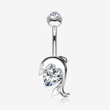 14 Karat White Gold Adorable Dolphin Hugging Heart Sparkle Belly Button Ring