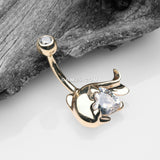 Detail View 2 of 14 Karat Gold Adorable Dolphin Hugging Heart Sparkle Belly Button Ring-Clear Gem