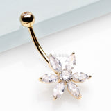 Detail View 2 of 14 Karat Gold Marquise Cut Sparkle Prong Set Flower Belly Button Ring-Clear Gem
