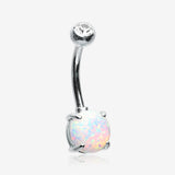 14 Karat White Gold Prong Set Fire Opal Belly Button Ring-Clear Gem/White Opal