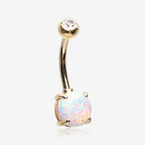 14 Karat Gold Prong Set Fire Opal Belly Button Ring-Clear Gem/White Opal