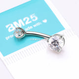 Detail View 3 of 14 Karat White Gold Brilliant Sparkle Double Prong Belly Button Ring-Clear Gem