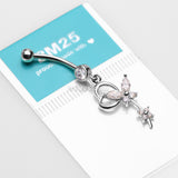 Detail View 3 of 14 Karat White Gold Heart Loop Butterfly Marquise Sparkle Belly Button Ring-Clear Gem