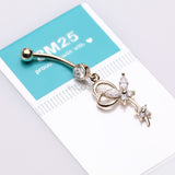 Detail View 3 of 14 Karat Gold Heart Loop Butterfly Marquise Sparkle Belly Button Ring-Clear Gem