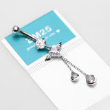 Detail View 3 of 14 Karat White Gold Angel Wing Heart Sparkle Dangle Belly Button Ring-Clear Gem