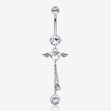 14 Karat White Gold Angel Wing Heart Sparkle Dangle Belly Button Ring-Clear Gem