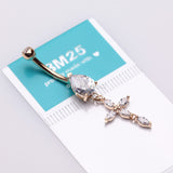 Detail View 3 of 14 Karat Gold Marquise Cross Teardrop Sparkle Belly Button Ring-Clear Gem