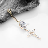 Detail View 2 of 14 Karat Gold Marquise Cross Teardrop Sparkle Belly Button Ring-Clear Gem