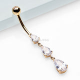 Detail View 2 of 14 Karat Gold Sparkle Cascade Teardrop Belly Button Ring-Clear Gem