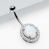 Detail View 2 of 14 Karat White Gold Fire Opal Multi-Gem Sparkle Oval Belly Button Ring-Clear Gem/White Opal