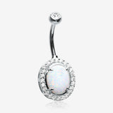 14 Karat White Gold Fire Opal Multi-Gem Sparkle Oval Belly Button Ring-Clear Gem/White Opal
