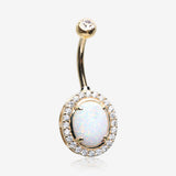 14 Karat Gold Fire Opal Multi-Gem Sparkle Oval Belly Button Ring-Clear Gem/White Opal