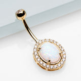 Detail View 2 of 14 Karat Gold Fire Opal Multi-Gem Sparkle Oval Belly Button Ring-Clear Gem/White Opal