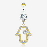 14 Karat Gold Hamsa Hand Amulet Sparkle Belly Button Ring-Clear Gem