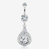 14 Karat White Gold Triple Tiered Magnificent Sparkles Teardrop Belly Button Ring-Clear Gem