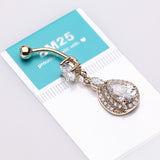 Detail View 3 of 14 Karat Gold Triple Tiered Magnificent Sparkles Teardrop Belly Button Ring-Clear Gem