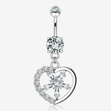 14 Karat White Gold Sparkle Floral Ray Heart Belly Button Ring-Clear Gem