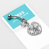 Detail View 3 of 14 Karat White Gold Sparkle Floral Ray Heart Belly Button Ring-Clear Gem