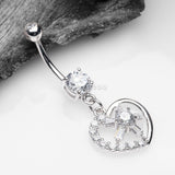 Detail View 2 of 14 Karat White Gold Sparkle Floral Ray Heart Belly Button Ring-Clear Gem