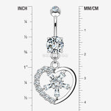 Detail View 1 of 14 Karat White Gold Sparkle Floral Ray Heart Belly Button Ring-Clear Gem
