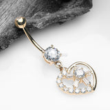 Detail View 2 of 14 Karat Gold Sparkle Floral Ray Heart Belly Button Ring-Clear Gem