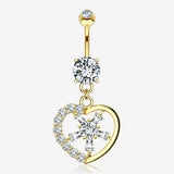 14 Karat Gold Sparkle Floral Ray Heart Belly Button Ring