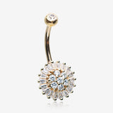 14 Karat Gold Grand Sparkle Prong Set Flower Belly Button Ring-Clear Gem
