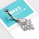 Detail View 3 of 14 Karat White Gold Luscious Floral Sparkle Teardrop Belly Button Ring-Clear Gem
