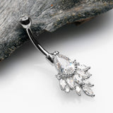 Detail View 2 of 14 Karat White Gold Luscious Floral Sparkle Teardrop Belly Button Ring-Clear Gem